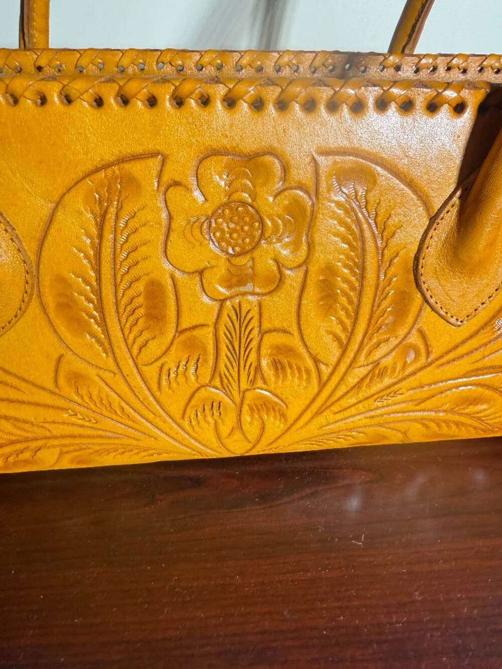 Alexis David Yellow Tooled Embossed Leather Handbag Purse Large Whipstitch NEW